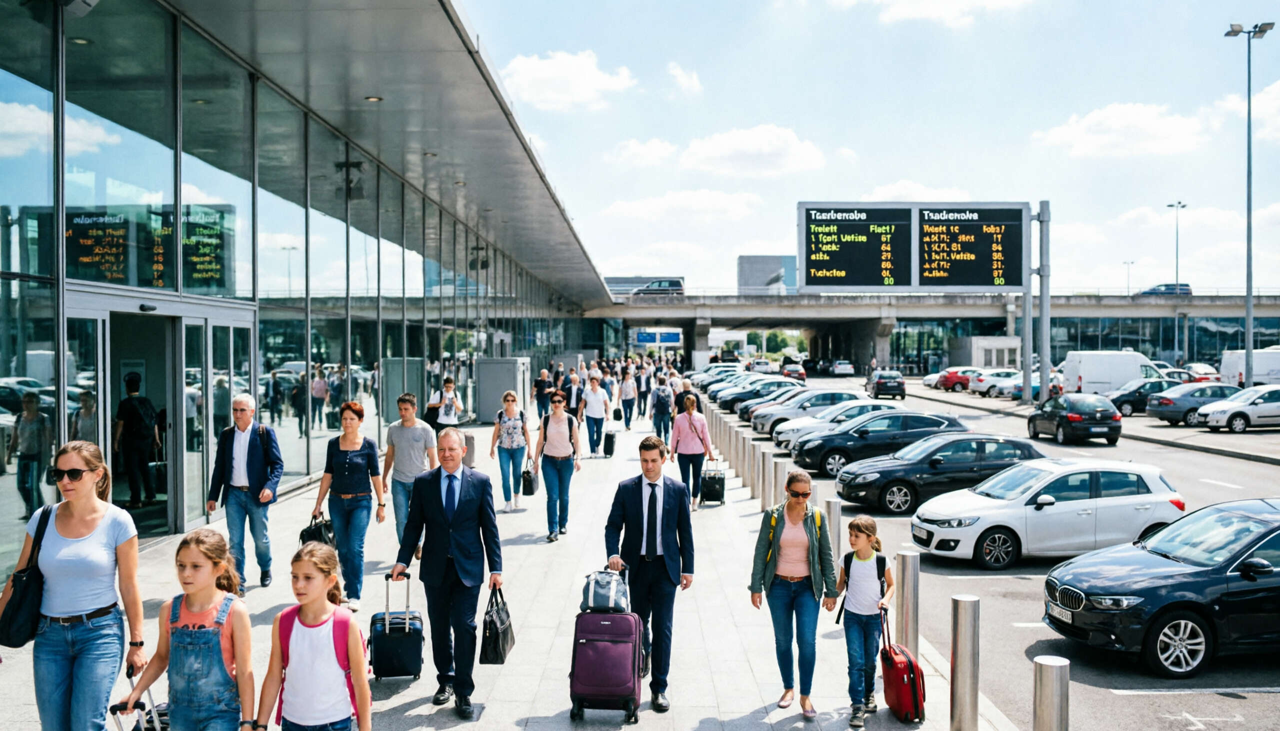 Vue du terminal de l'aéroport Charles de Gaulle avec des voyageurs se rendant à leurs vols et des voitures stationnées.